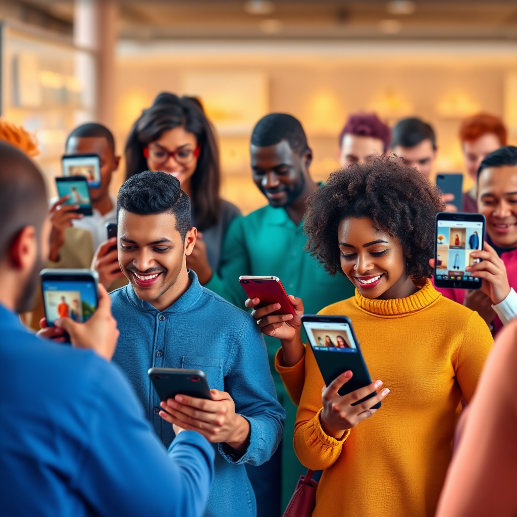 A stylized image representing personalized customer experiences. The scene depicts a diverse group of individuals, each interacting with a customized virtual tour interface on their devices. The interfaces should be unique and tailored to their individual preferences, showcasing relevant products and information. The color palette is vibrant and inclusive, with a mix of warm and cool tones. The camera angle is a wide shot to emphasize the diversity and personalization of the experience. 4K resolution, high quality.
