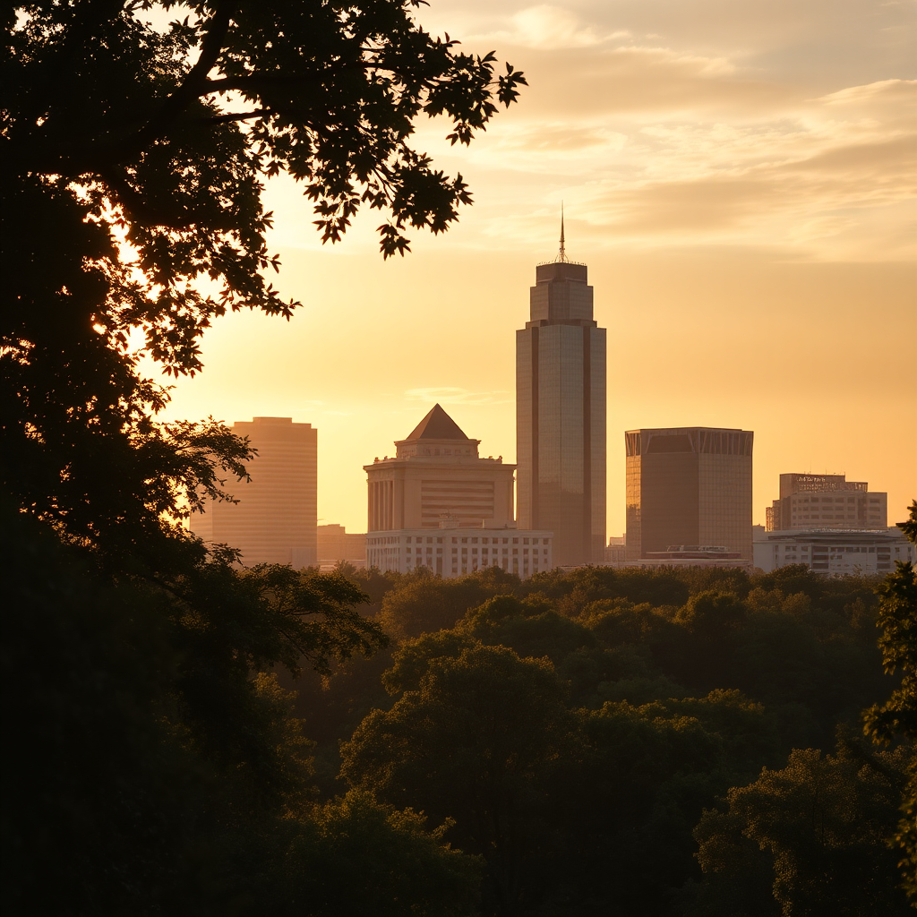 Atlanta Midtown skyline rising from tree canopy at sunset