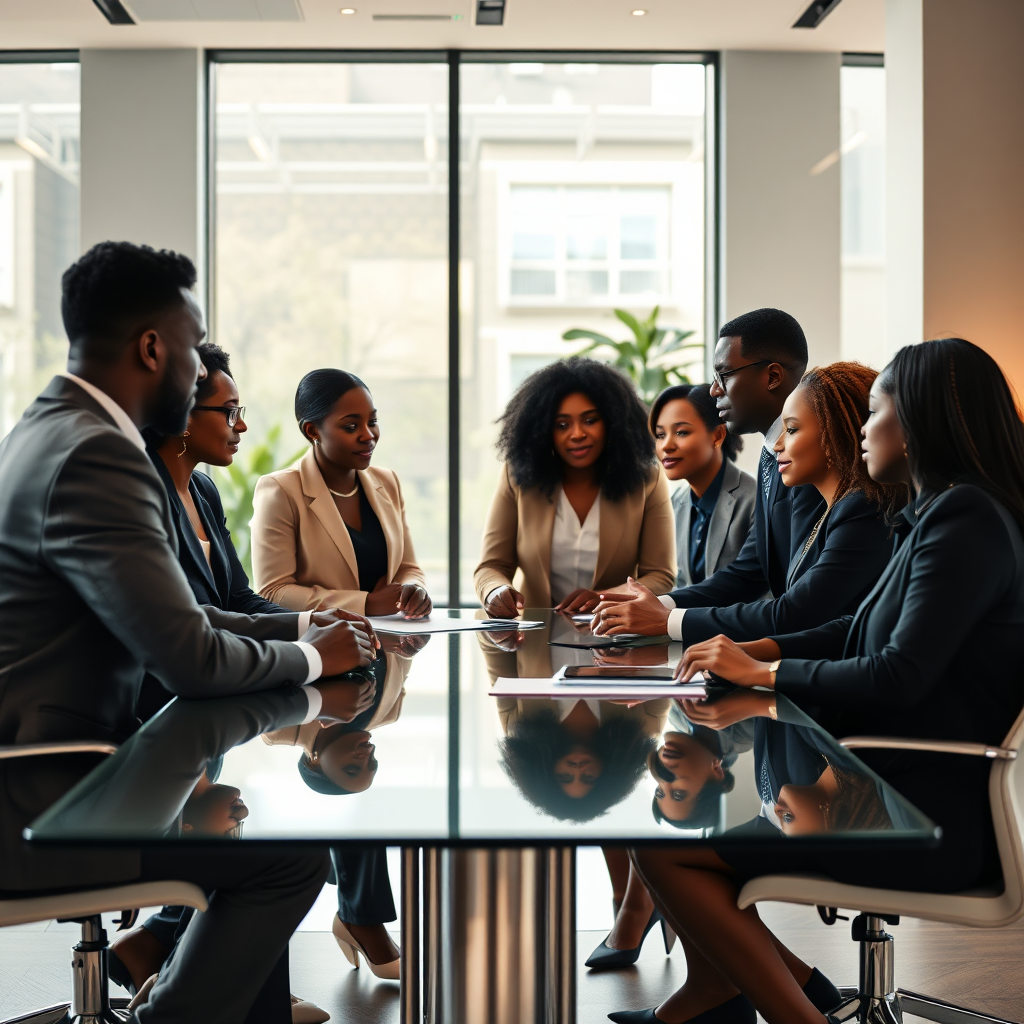 Diverse group of Black professionals collaborating in a modern office setting