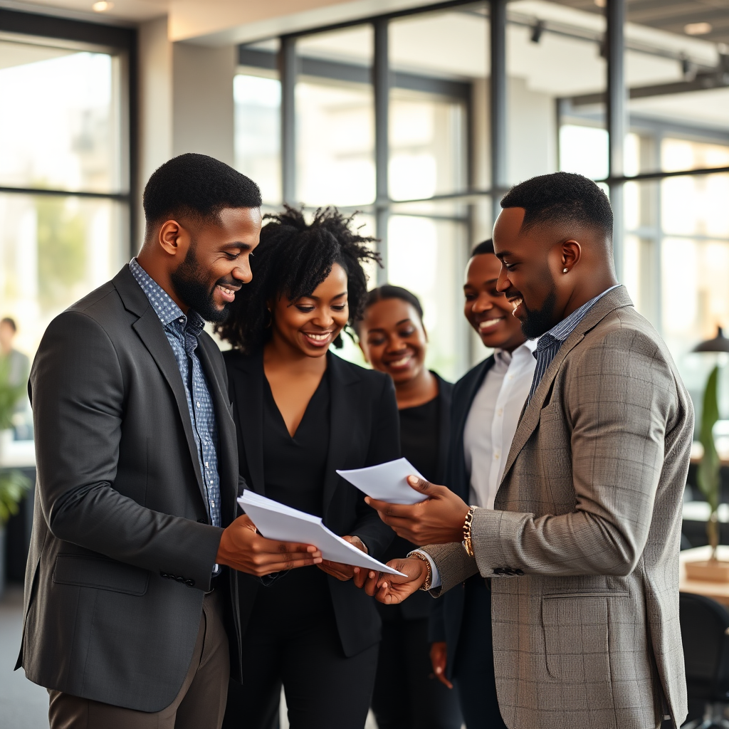 Diverse Black professionals collaborating in a modern office