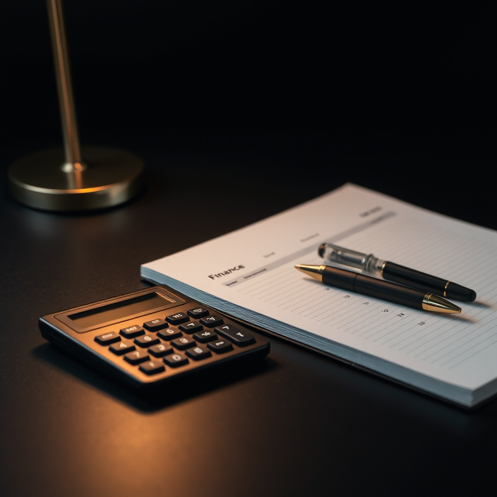 Monochrome editorial image representing finance: sleek desk, calculator, and gold accent lighting on black background