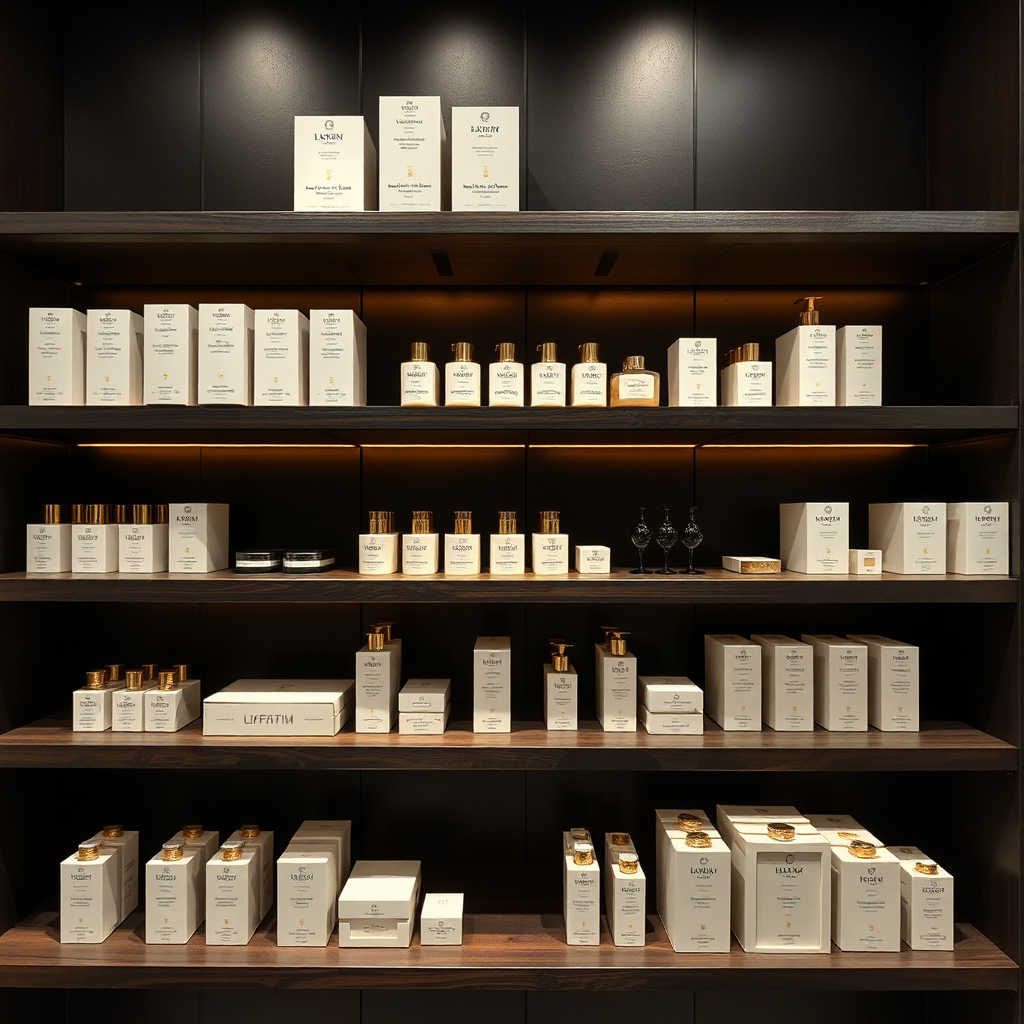 Monochrome editorial image representing retail: boutique shelf styling with gold accent lighting on black background