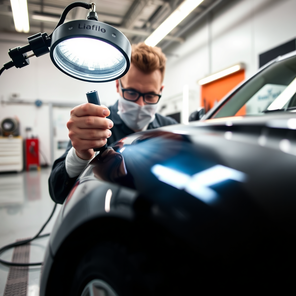 Expert detailing paint correction process under high-intensity inspection light