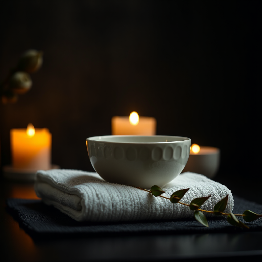 Monochrome editorial image representing wellness: calm spa scene with subtle gold light on black background