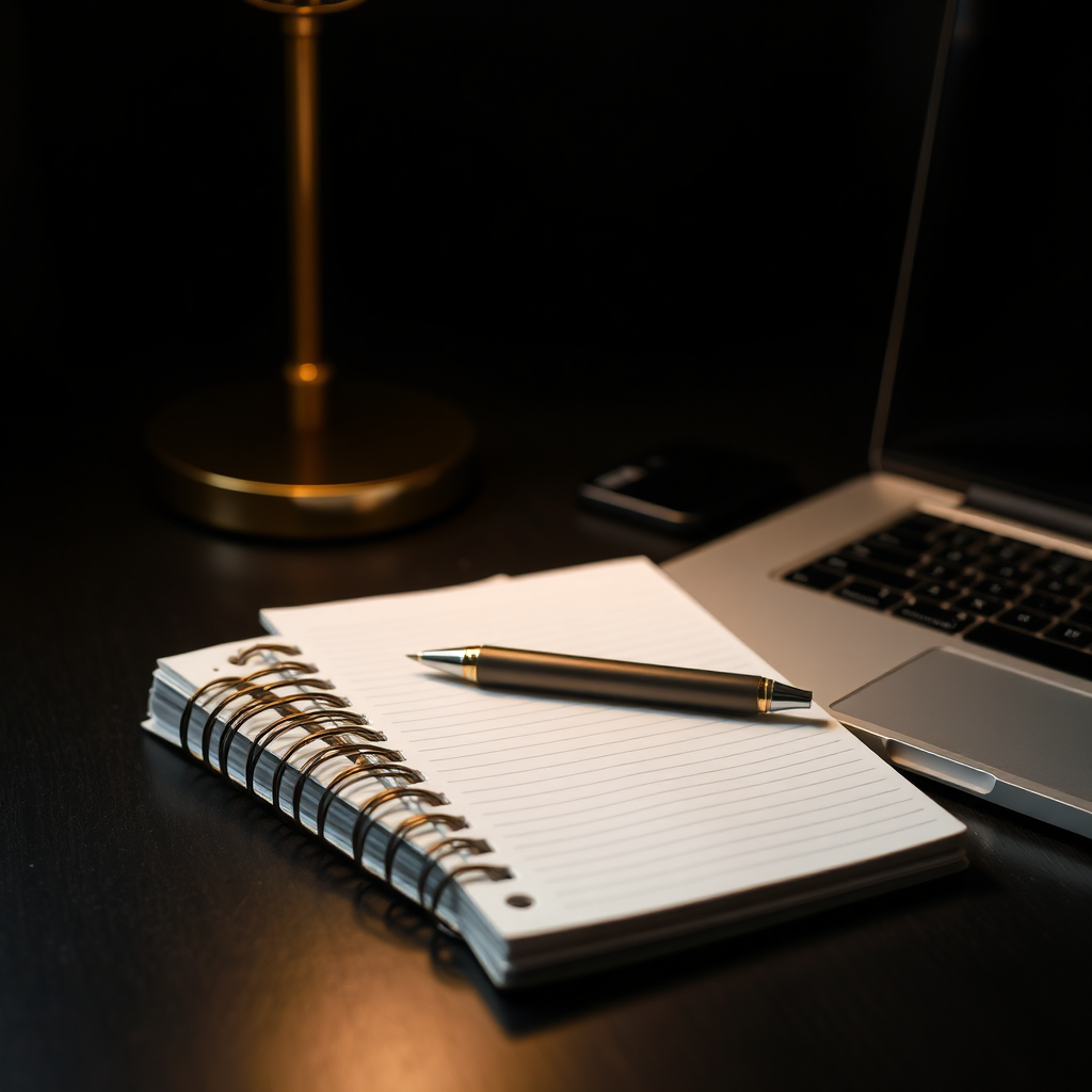 Monochrome editorial image representing professional services: modern workspace tools with gold accent lighting on black background