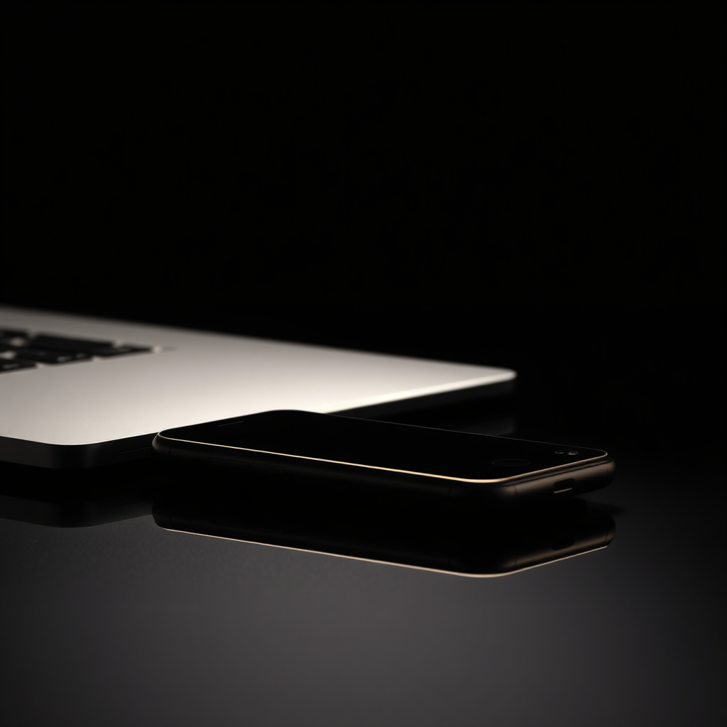 Monochrome editorial image representing tech: elegant device silhouettes with gold lines on black background