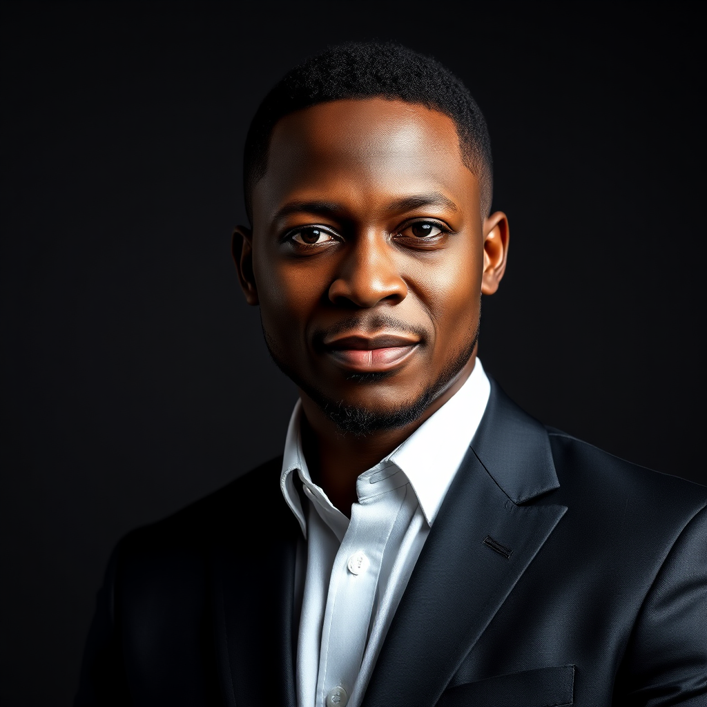 Founder portrait photo placeholder in a premium editorial style with black background and warm gold highlights