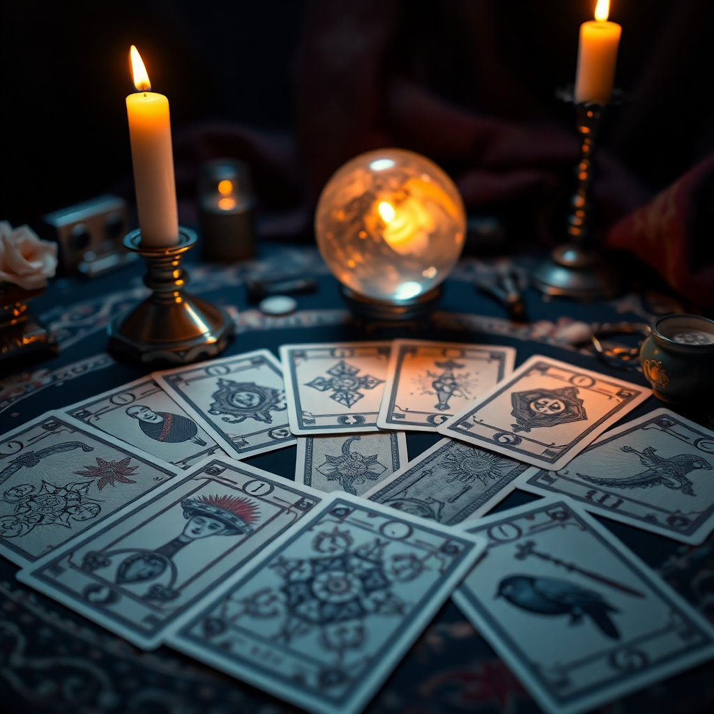 A close-up view of a beautifully designed Tarot deck spread on a mystical table, showcasing intricate symbols and illustrations on the cards. Soft candlelight casts a warm glow, while a crystal ball and spiritual elements surround the deck, creating an ethereal atmosphere.