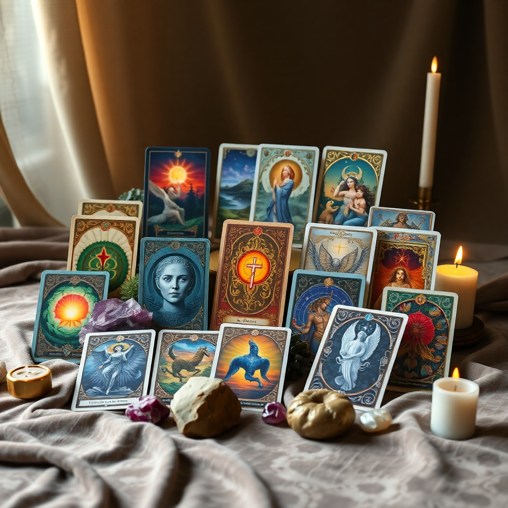 A collection of diverse oracle card decks displayed together, showcasing various artistic styles and themes, such as nature, mythology, and spirituality, all arranged on a soft velvet cloth with crystals and candles enhancing the mystical atmosphere.