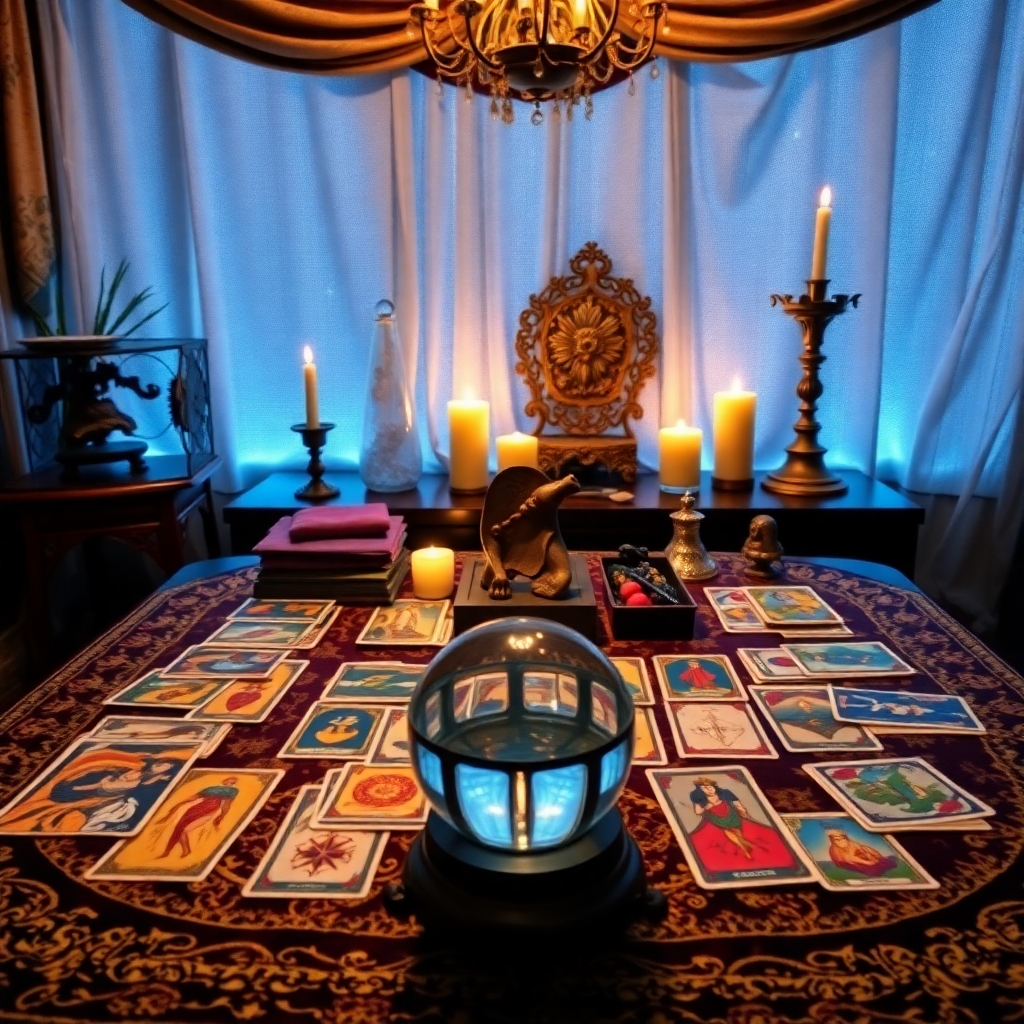 A cozy and inviting tarot reading space featuring a beautifully decorated table with an array of tarot and oracle cards spread out. A backdrop of soft, mystical lighting with candles and crystals enhances the atmosphere. A crystal ball is placed in front, symbolizing divination and insight.