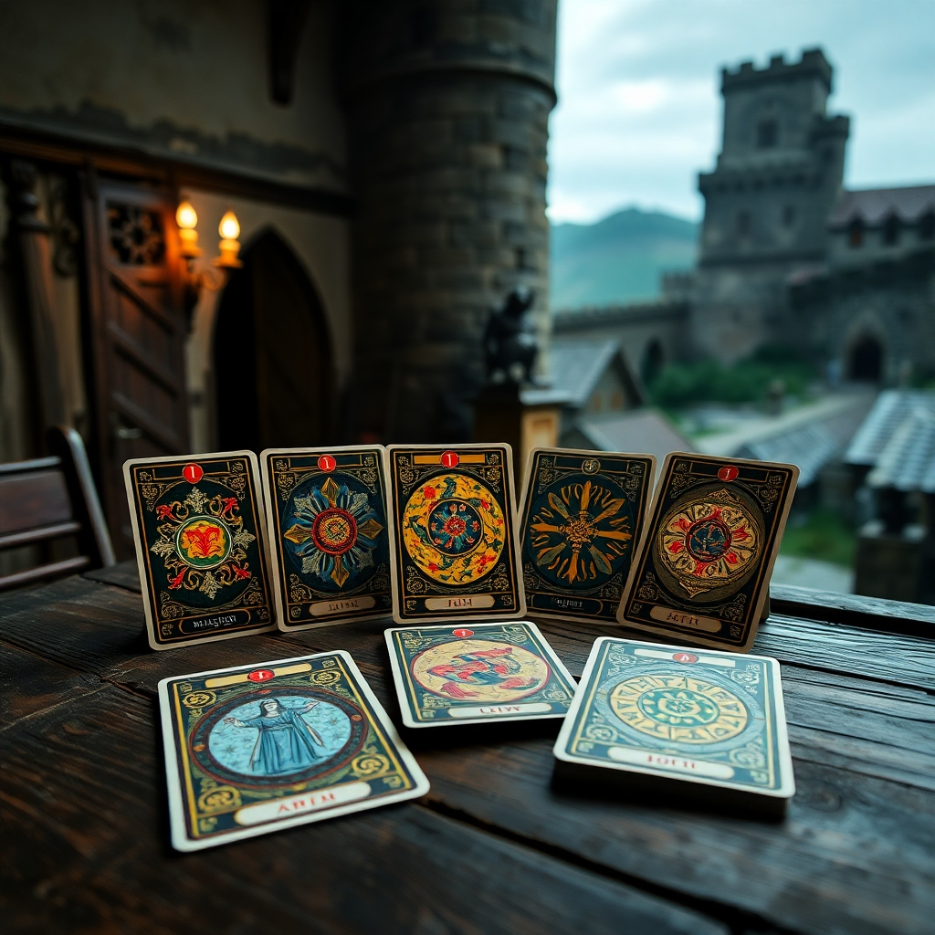 A historical scene of medieval Europe, showing a deck of illuminated tarot cards displayed on a wooden table, with references to vibrant colors and ornate designs, alongside a faded backdrop of a castle or a village.