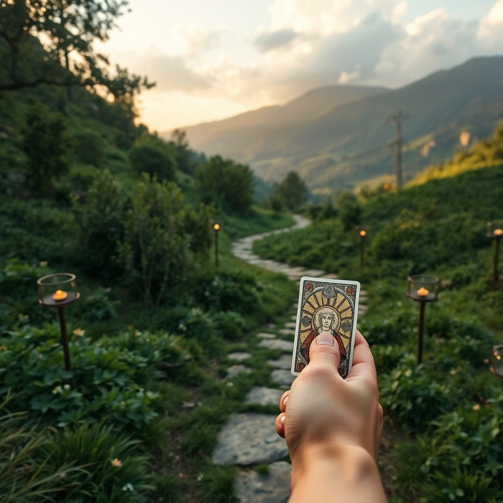 A picturesque landscape with a winding path leading through lush greenery, dotted with tarot and oracle cards along the sides. In the foreground, a hand reaches out to pick up a card, symbolizing guidance and the journey of personal discovery.