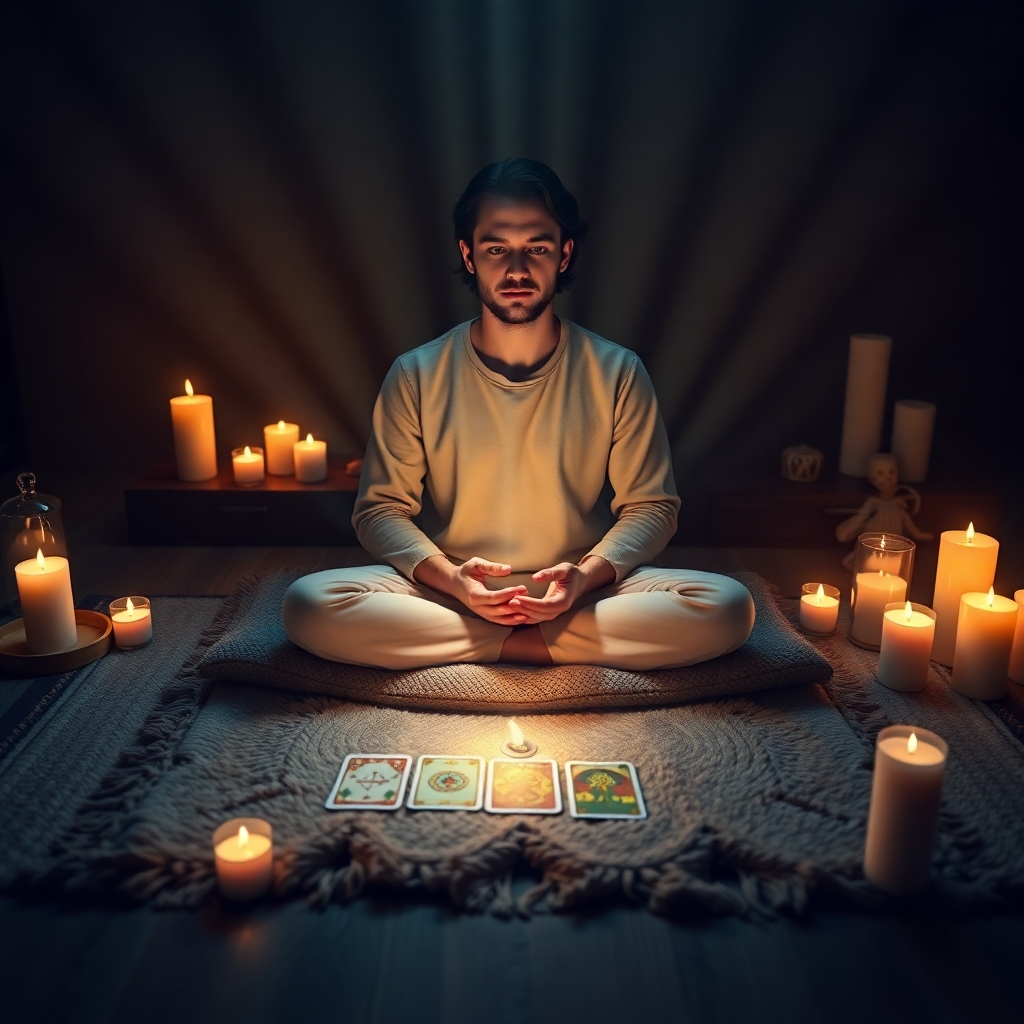 A serene scene showing a person sitting cross-legged on a plush cushion, surrounded by illuminated candles and soft incenses. Tarot cards are laid in front of them, and rays of light beam down, illuminating the individual's thoughtful expression, signifying a deep connection with intuition.