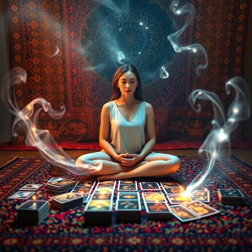 An ethereal scene featuring a serene woman sitting cross-legged on a vibrant tapestry, surrounded by an array of Oracle cards. Glowing wisps of light swirl around her, symbolizing connection and intuition, as she gazes thoughtfully at the spread before her.