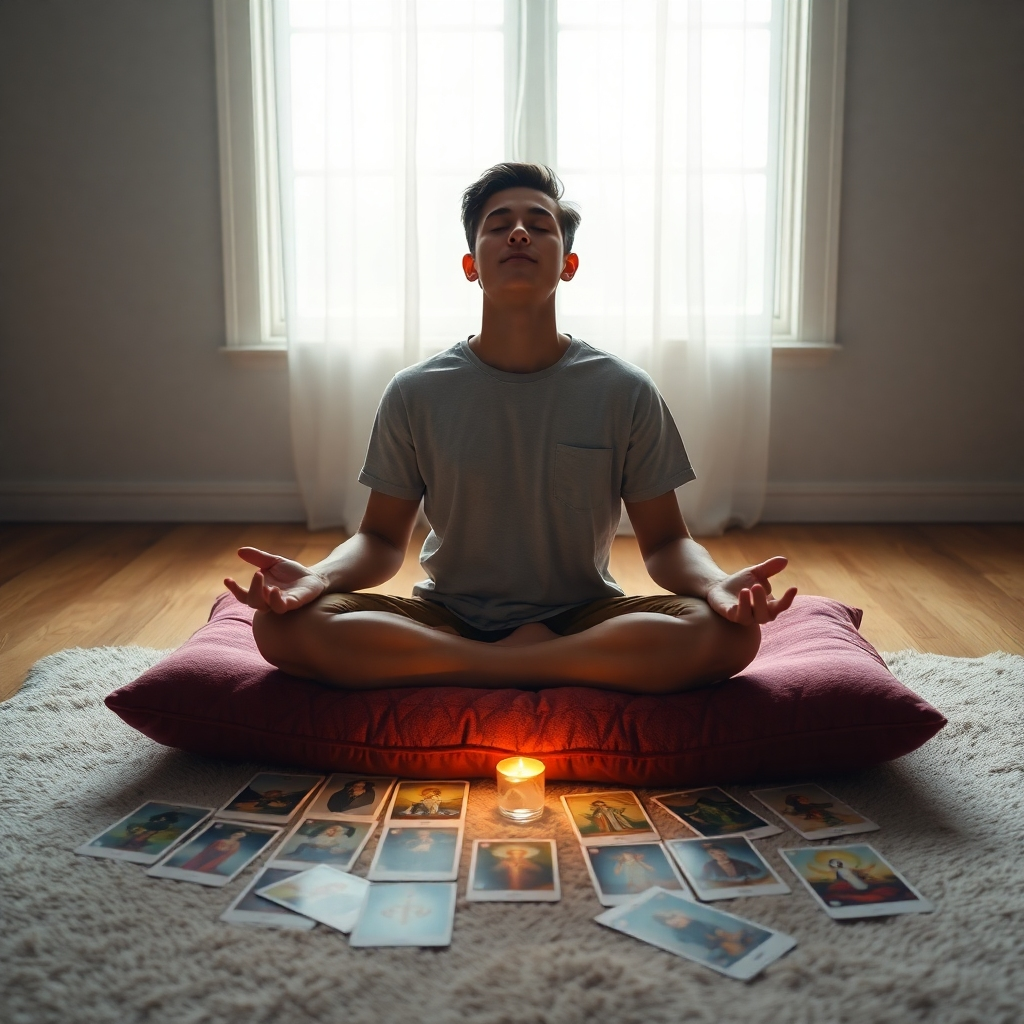 An individual sitting cross-legged on a plush meditation cushion with their eyes closed, surrounded by Tarot and Oracle cards spread out. Soft, ambient light filters through a window, illuminating the cards as a gentle aura of energy surrounds the person, symbolizing connection with intuition.