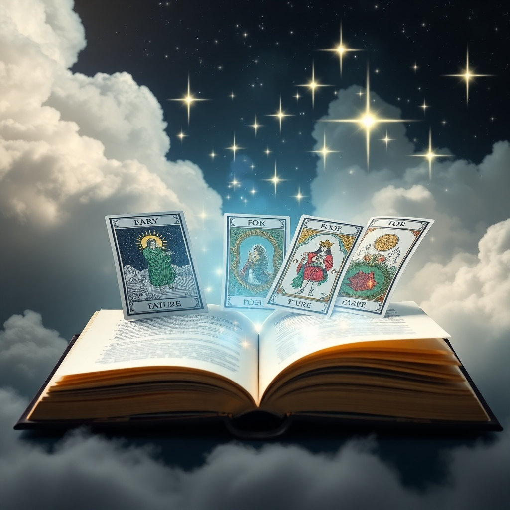 An open book with pages fluttering, revealing images of tarot cards depicting various future outcomes. Surrounding the book are ethereal clouds and sparkling stars, representing the limitless possibilities that lie ahead, with an aura of hope and potential.
