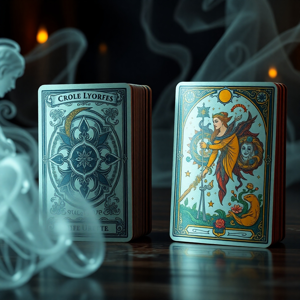 Create a photorealistic image of a traditional Tarot deck on one side, showcasing the intricate designs of the Major and Minor Arcana, and an eclectic Oracle deck on the other, highlighting its diverse themes and whimsical artwork, with a mystical, ethereal backdrop.