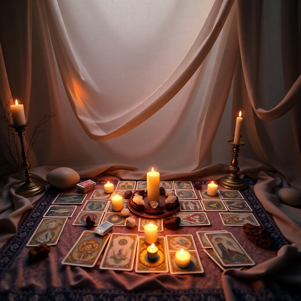Generate a photorealistic scene of a Tarot reading setup with various spreads laid out, candles, and crystals, contrasted with a serene space for an Oracle reading with scattered cards and a calm atmosphere imbued with soft lighting and flowing fabrics.