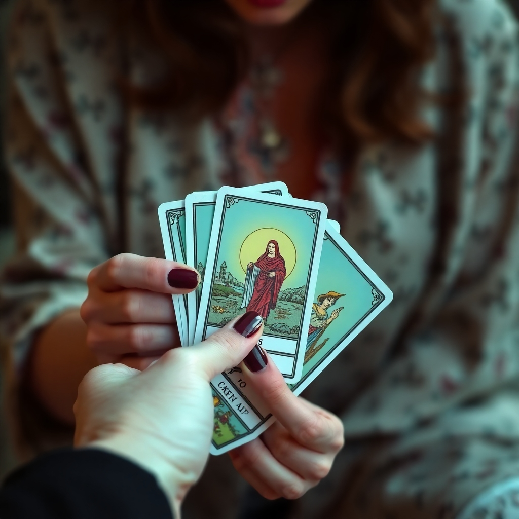 A person sitting in a cozy, dimly lit room surrounded by illuminated candles, gently shuffling a beautifully illustrated tarot deck. The scene conveys a sense of calm and introspection, with mystical symbols floating softly around them, representing clarity and empowerment.