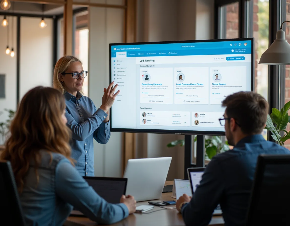Home service business team reviewing an all-in-one CRM dashboard for leads and conversations.