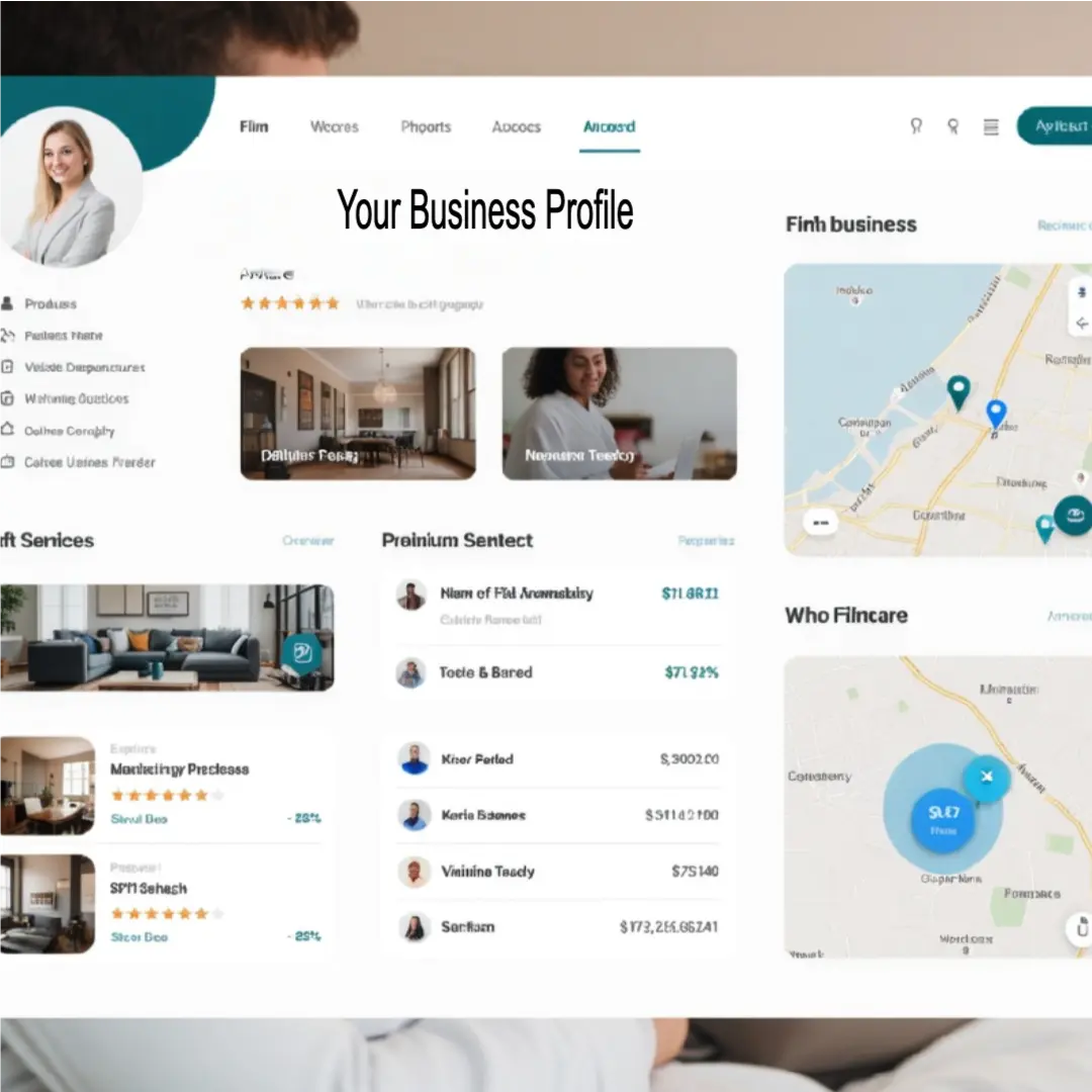 Home service business profile dashboard showing photos, services, reviews, and local map visibility.