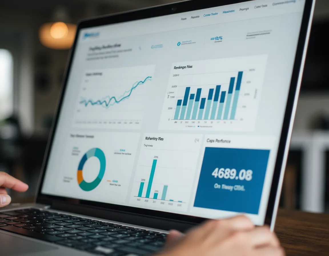 SEO reporting dashboard tracking local rankings, website traffic, calls, leads, and profile performance.
