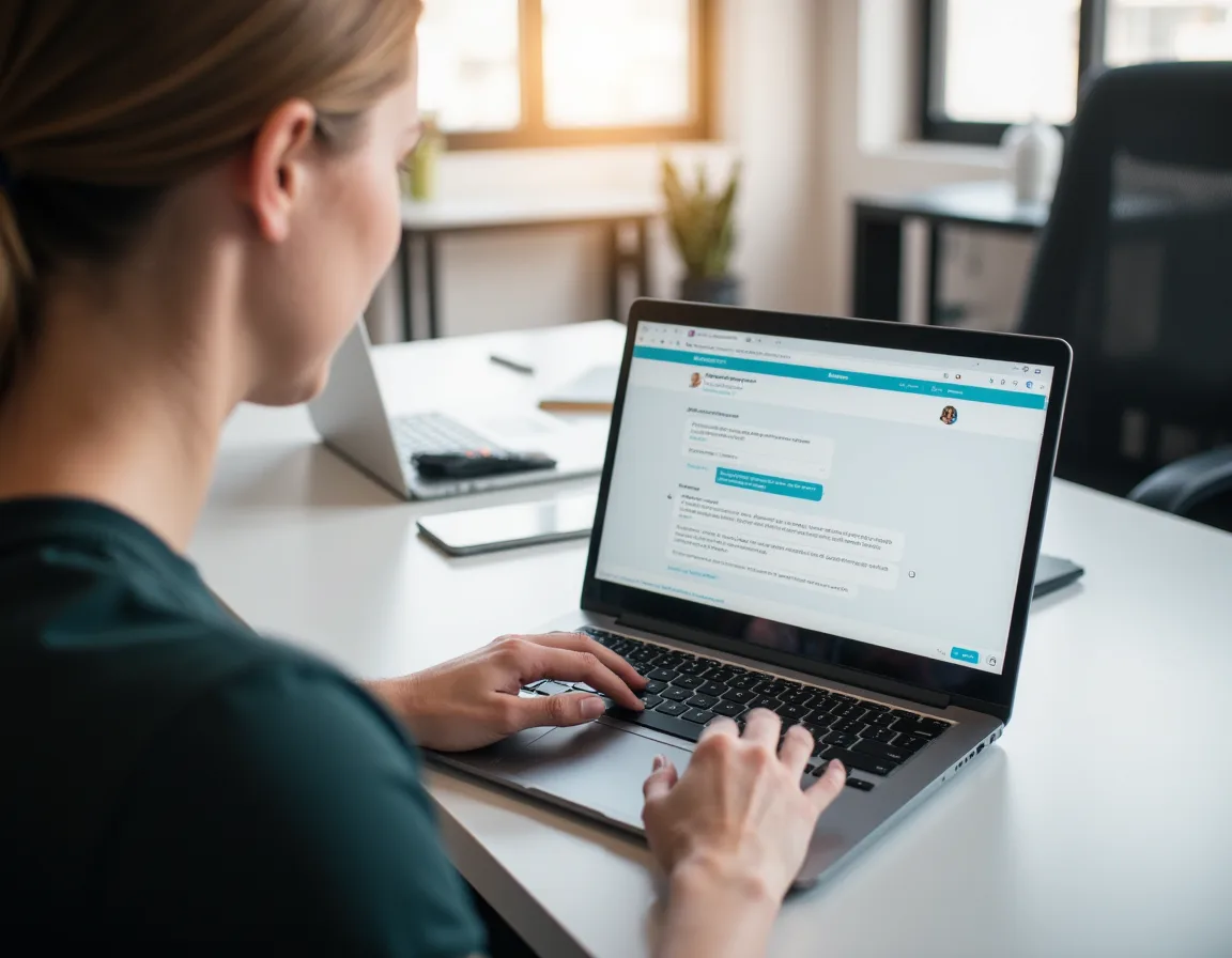 Customer using a laptop to review a home service website with chatbot support and scheduling options.