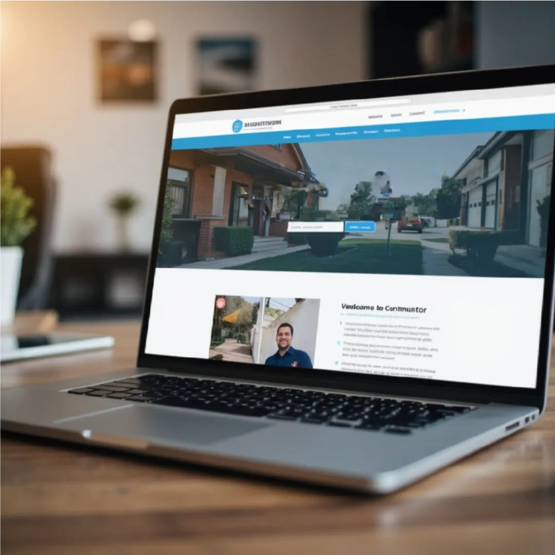 Contractor website showing reviews, project photos, service details, and trust signals.