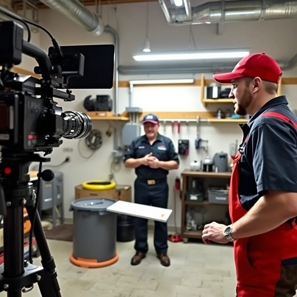 Home service technician filming educational content for homeowners.