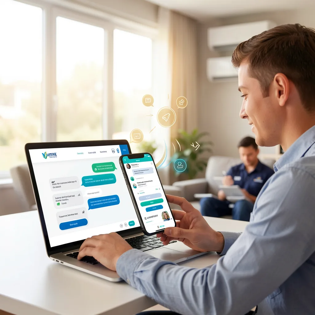 Homeowner using an AI chatbot on an HVAC website to ask service questions, describe HVAC needs, and request an appointment