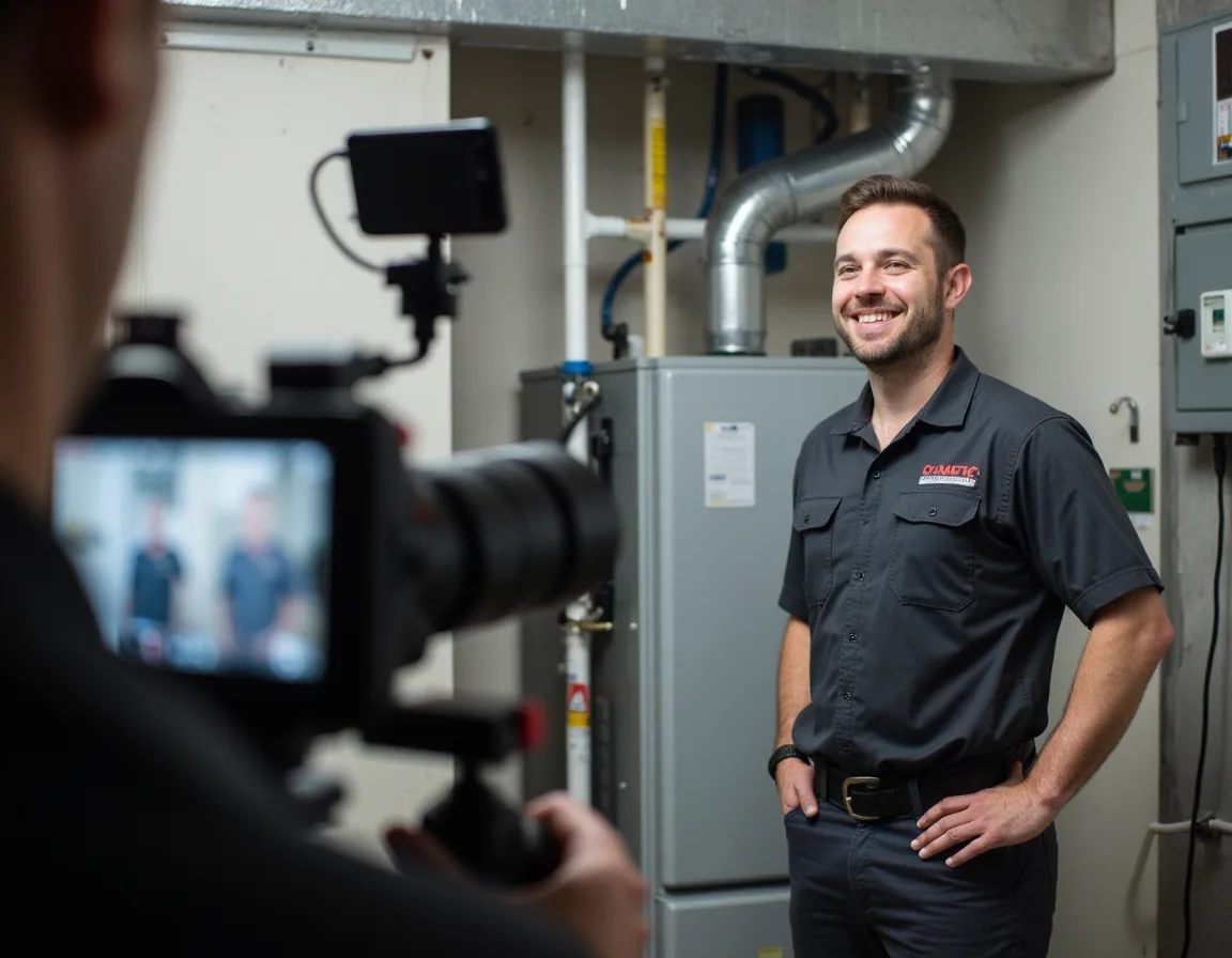 HVAC technician recording a service explainer video for homeowner education and marketing.