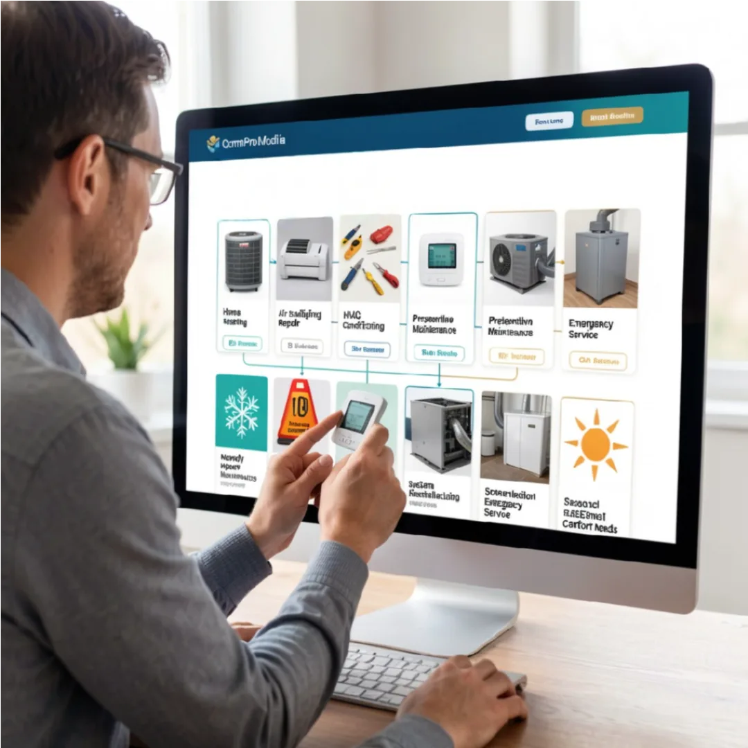 HVAC website content organized around heating, cooling, repair, maintenance, installation, emergency service, and seasonal needs.