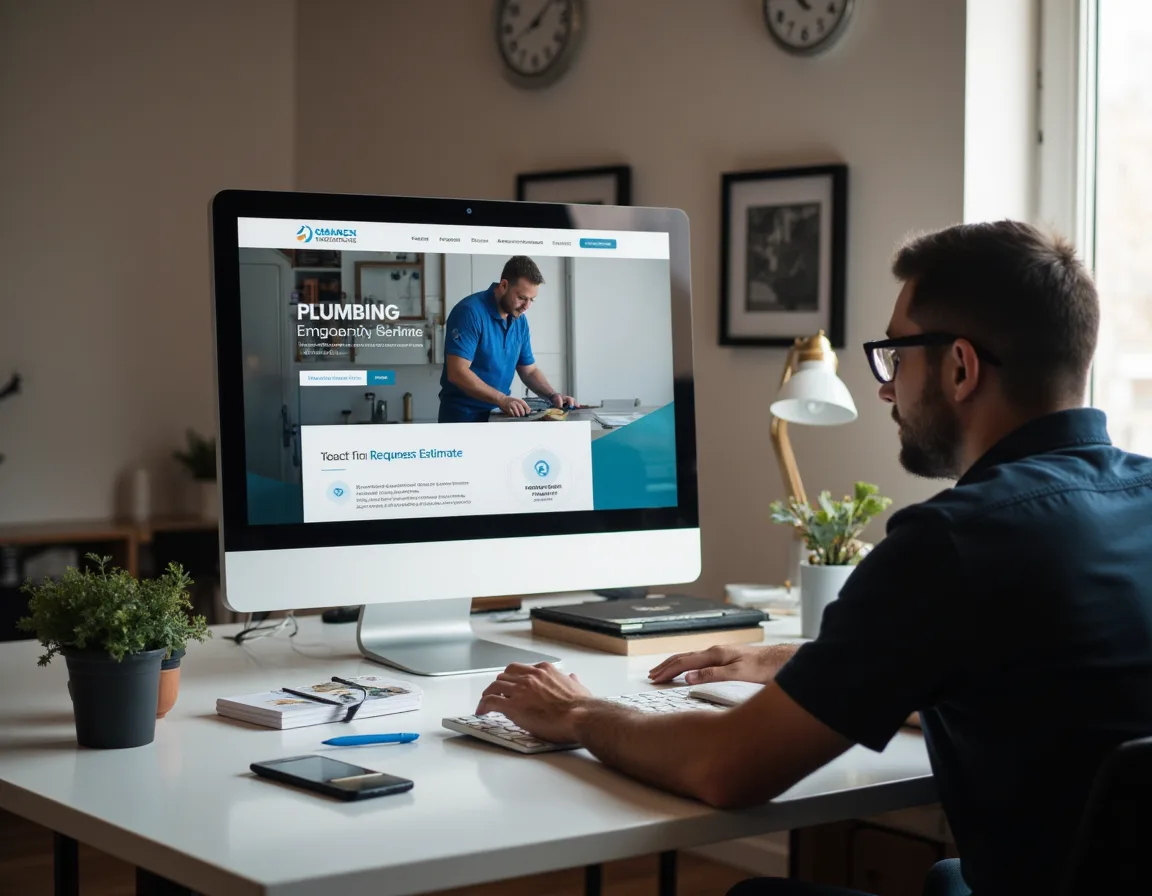 Laptop displaying a modern plumbing company website with service pages and calls to action.