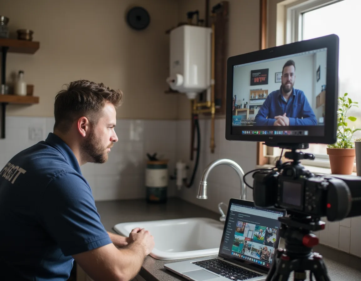 Plumber being recorded on video while creating educational plumbing content for marketing.