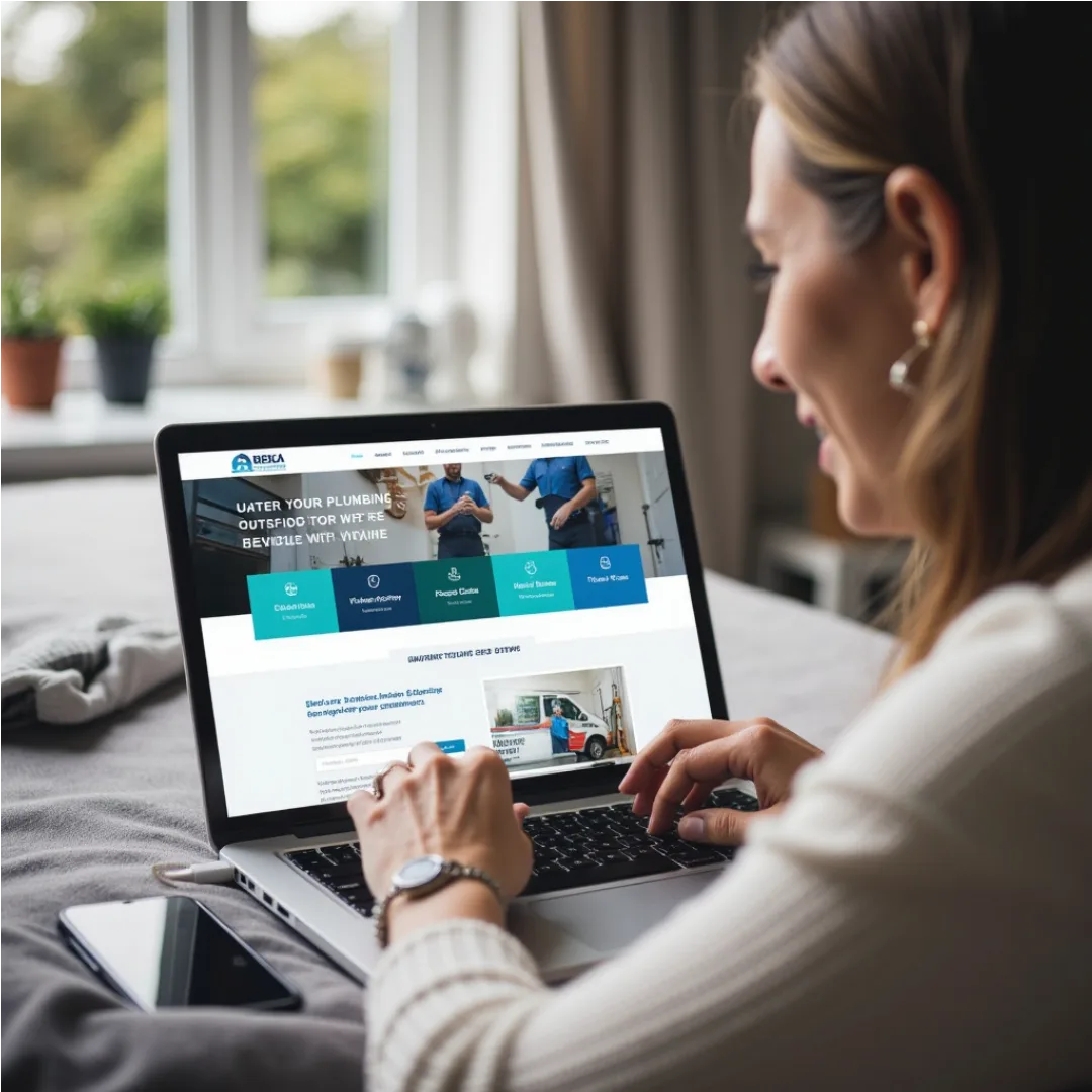 Homeowner quickly finding plumbing services, service areas, and contact options on a clearly organized website.