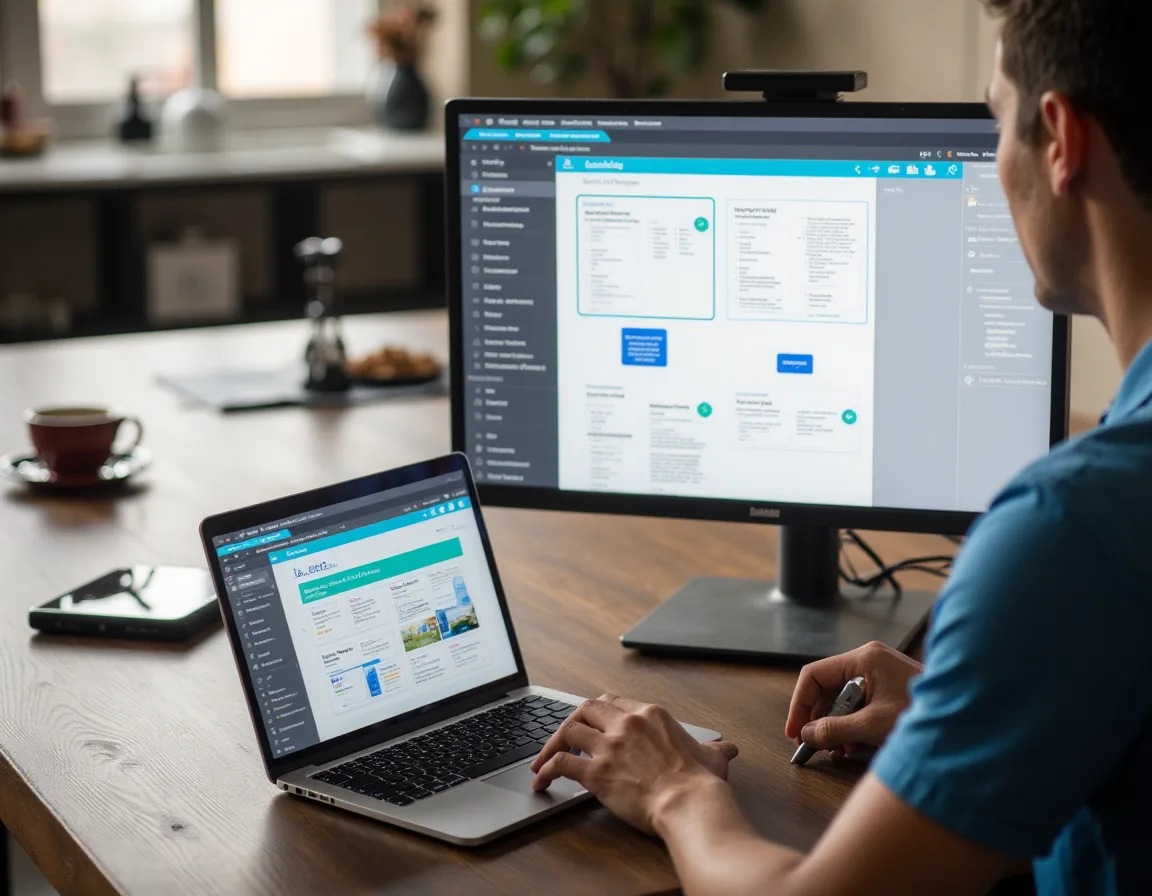 Marketing consultant reviewing organized plumbing service page layouts on a laptop.