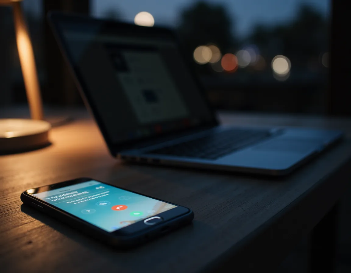Smartphone showing an after-hours plumbing inquiry and automated text response beside a laptop in an evening setting.