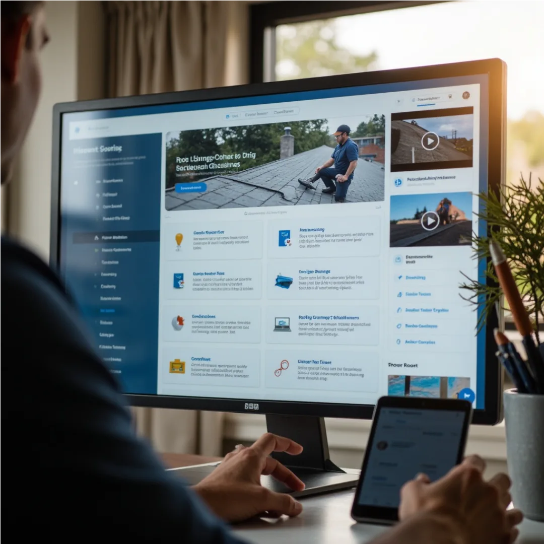 Roofing professional using AI content and educational videos to share maintenance tips, storm guidance, and service information with homeowners.