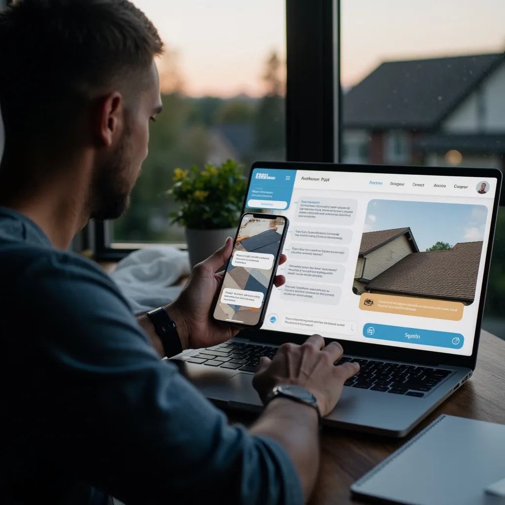 Homeowner using an AI chatbot to ask roofing questions, describe service needs, and request an inspection or estimate.