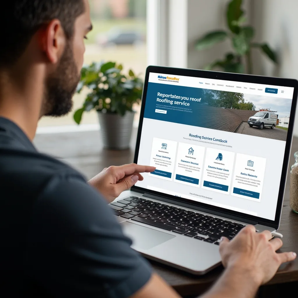 Homeowner using an organized roofing website to compare repair, replacement, inspection, storm-damage, and emergency roofing services.