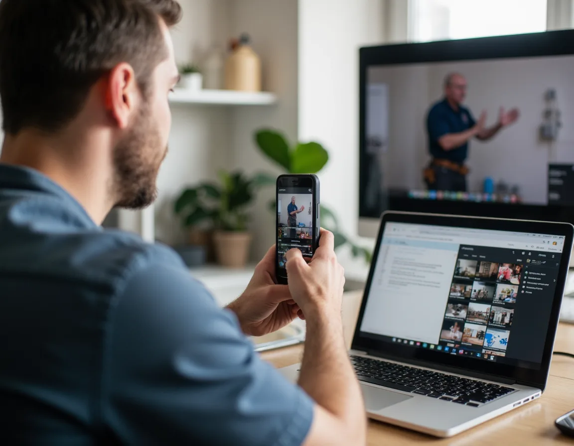 Electrician creating AI-assisted content and video marketing for electrical service customers.