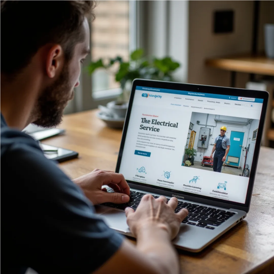 Homeowner using an organized electrical website to find repair, panel upgrade, lighting, inspection, EV charger, generator, and emergency services.