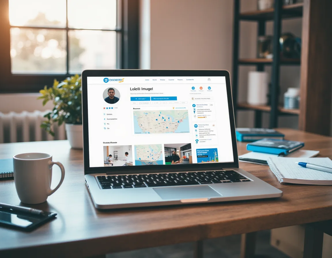 Desktop screen showing an electrician business profile with customer reviews, service area map, project photos, and trust badges for local marketing visibility