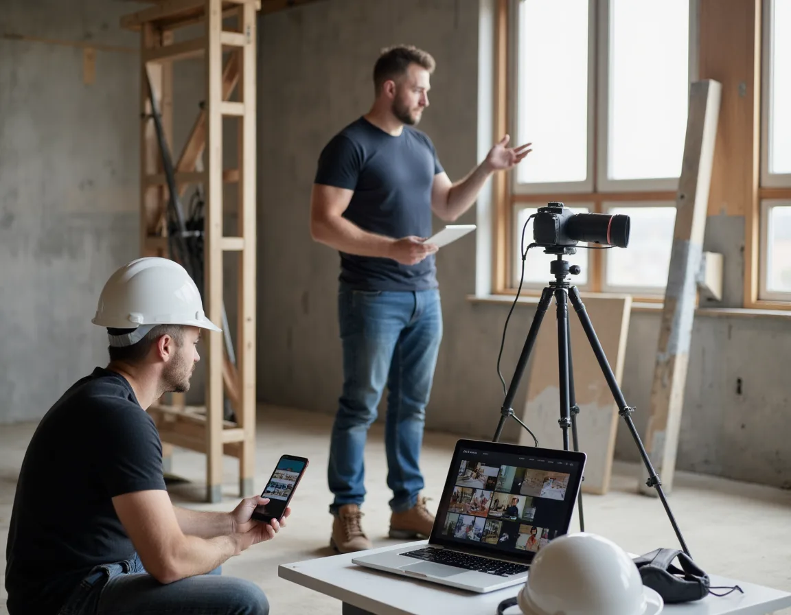Contractor recording project-focused video content for AI-assisted contractor marketing.