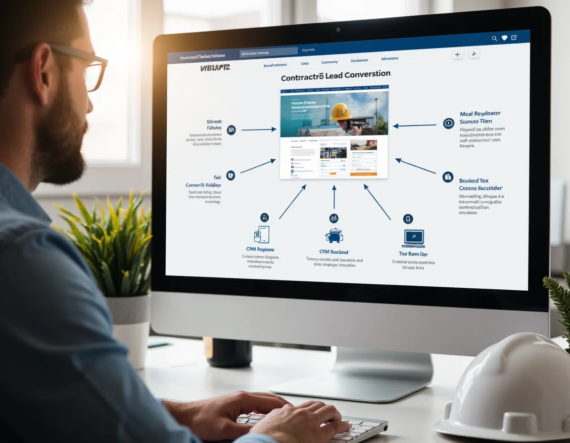 Contractor lead conversion system showing website visitors moving into estimate requests and CRM follow-up.