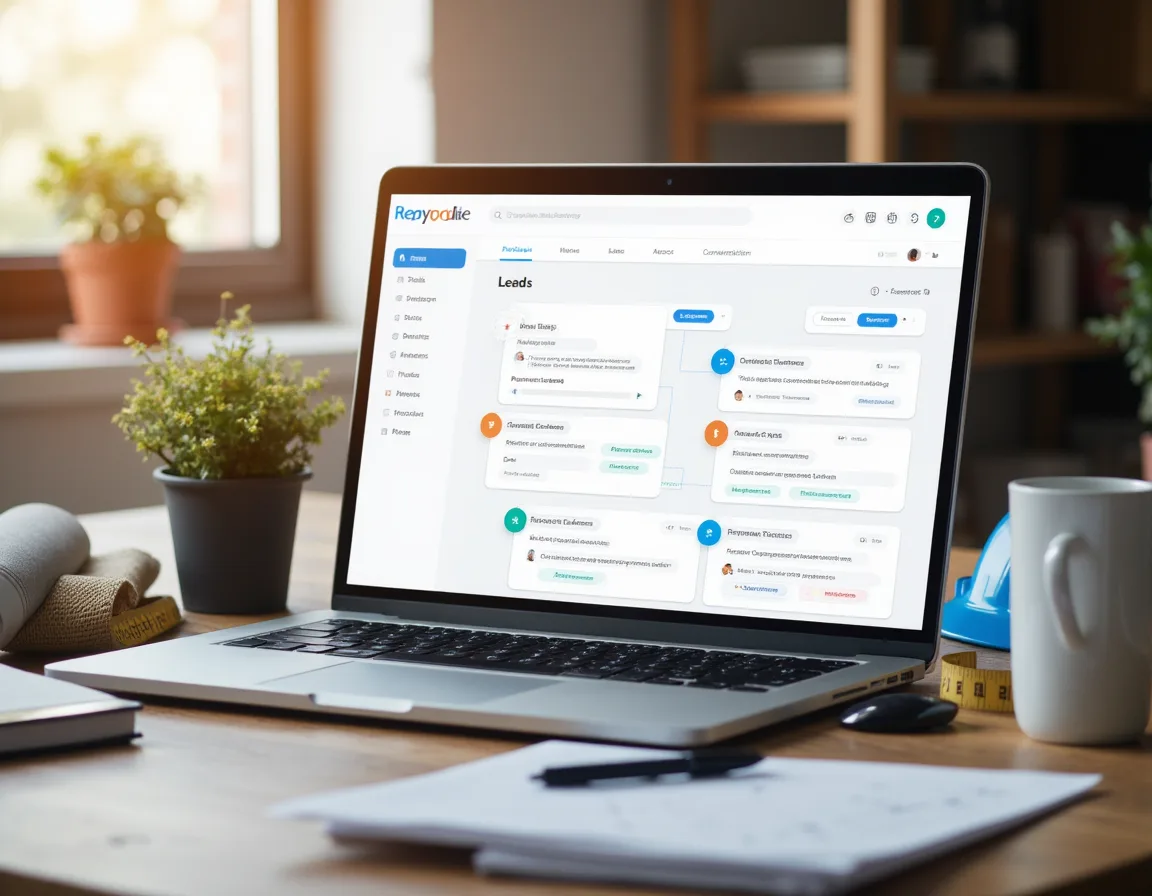 Contractor CRM dashboard showing project inquiries, estimate requests, and lead management workflow.
