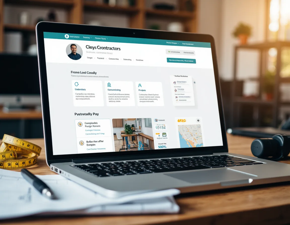 Contractor business profile showing reviews, service area map, completed project photos, credentials, and trust signals.