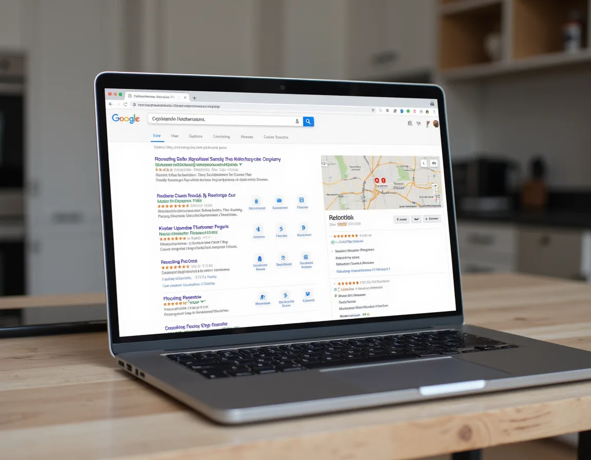Local SEO view showing search visibility, reviews, and service area coverage for a home improvement company.