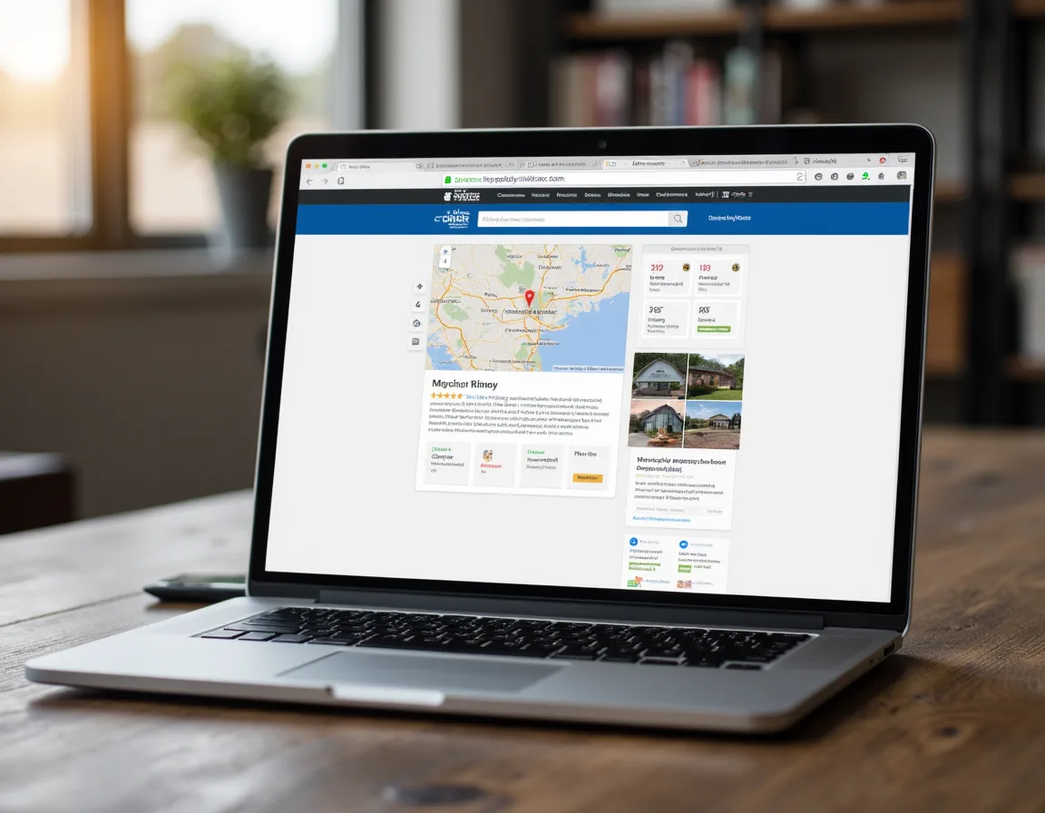 Local business profile for a home improvement company with reviews, project photos, and service area visibility.