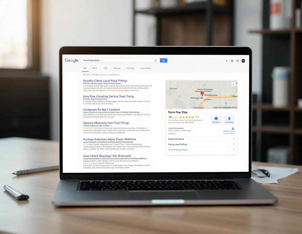 Laptop displaying local search rankings, map results, and service area visibility for a service business.